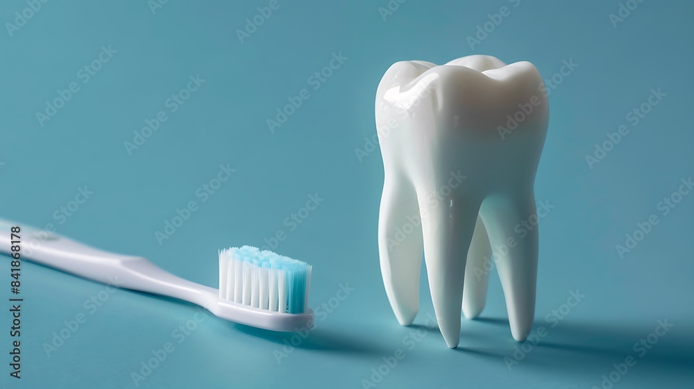 A toothbrush cleans a tooth on a blue background A toothbrush cleans a tooth on a blue background