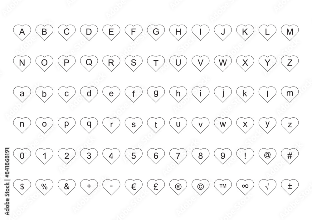 Alphabet, numbers and special characters inside hearts. Alphabet, numbers and special characters inside hearts.