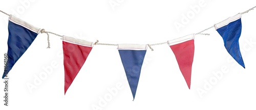 Colorful red and blue fabric bunting flags on a string  ideal for festive party decoration or celebration event backdrop.