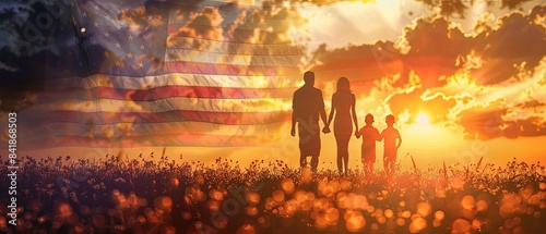 Family holding hands at sunset with an American flag overlay  symbolizing unity  patriotism  and togetherness in a field of flowers.