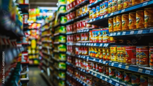 A grocery store aisle stocked with shelves of canned goods. The aisle is neatly organized, with cans and jars stacked in rows photo