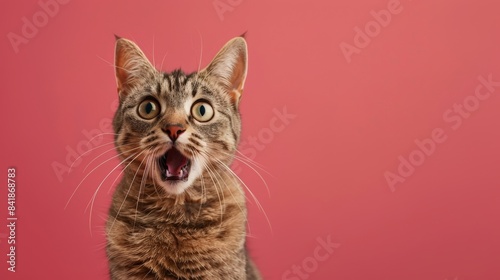 A surprised cheerful cat shows a like on a flat background poster.