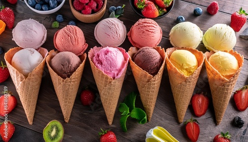 ice cream assortment selection of colorful ice cream with berries and fruits on dark rustic table