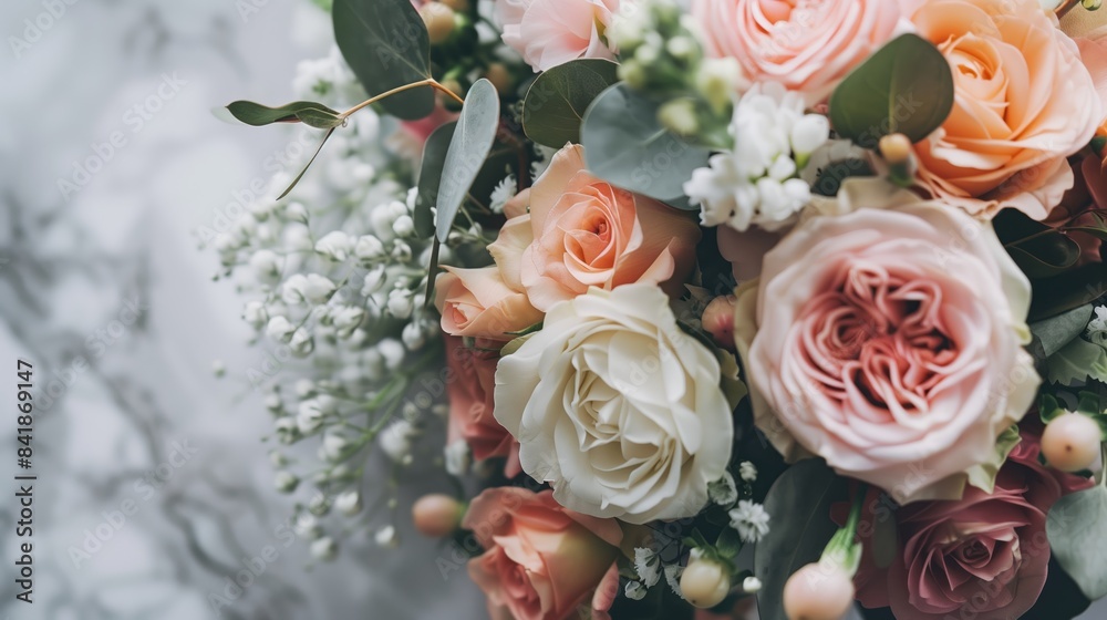 Spring flower bouquet over light background with copy space. Bridal bouquet, online blog header. Spring flower bouquet over light background with copy space. Bridal bouquet, online blog header.