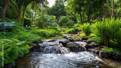 A serene stream flows through a verdant park  with lush greenery and rocks framing the water. Copy space is available on the right side of the image