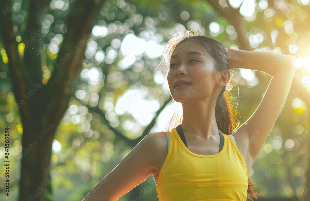 Female jogger. Fit young Asian woman with yellow sportswear stretching muscle in park before running and enjoying a healthy outdoor. Fitness runner girl in public park. Wellness being concept Female jogger. Fit young Asian woman with yellow sportswear stretching muscle in park before running and enjoying a healthy outdoor. Fitness runner girl in public park. Wellness being concept
