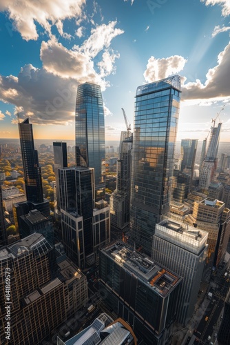 a city skyline with tall buildings and a bright sun photo