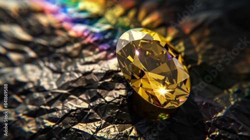 yellow diamods, oval form, top view, black background with rainbow. photo