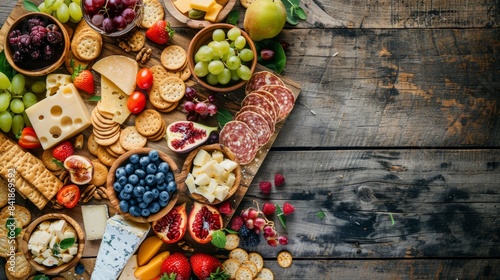 A wooden cutting board filled with an assortment of gourmet cheeses  crackers  fresh fruit  and salami. This delicious spread is perfect for entertaining guests or enjoying a special meal