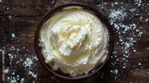 a bowl of whipped cream on a wooden table photo