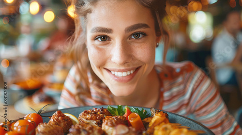 Woman smiles brightly at the camera while holding a plate of food in a restaurant