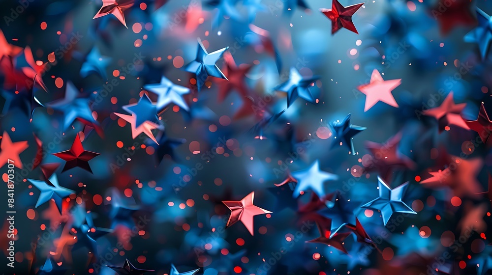Blue and red stars confetti for American holiday, festive sparkles illustration, Blue and red stars confetti for American holiday, festive sparkles illustration,