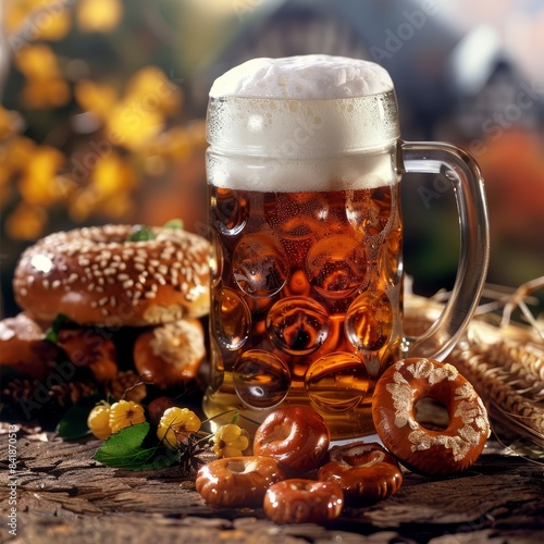 a mug of beer and a bagel on a table photo