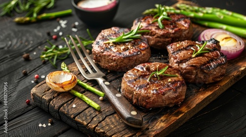 A close-up of grilled fillet beef steaks, with onion and asparagus, served on a rustic wooden board