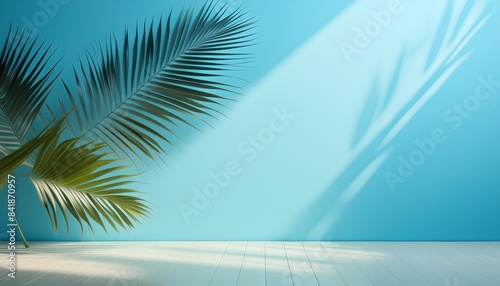 blurred shadow from palm leaves on the light blue wall minimal abstract background for product presentation spring and summer
