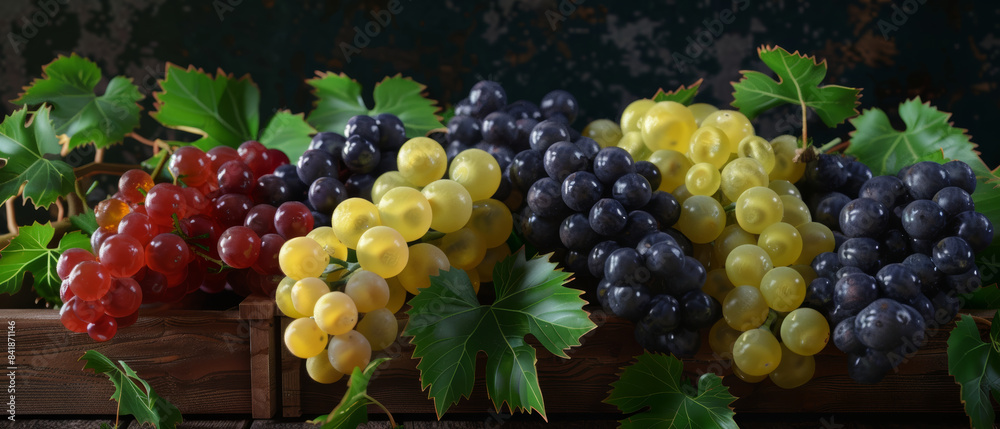 Fototapeta premium A wooden tray filled with an assortment of vibrant, colorful grapes, complemented by lush, green leaves, depicting nature's bounty.