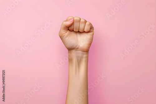 Female fist with gender female sign on pink background, symbolizing girl power and solidarity in the feminist movement, suitable for 8 march concept and feminist activism.