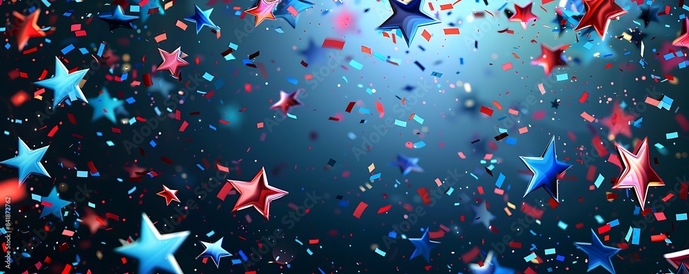 Celebration holiday with American stars confetti, colorful blue and red sparkles illustration,
