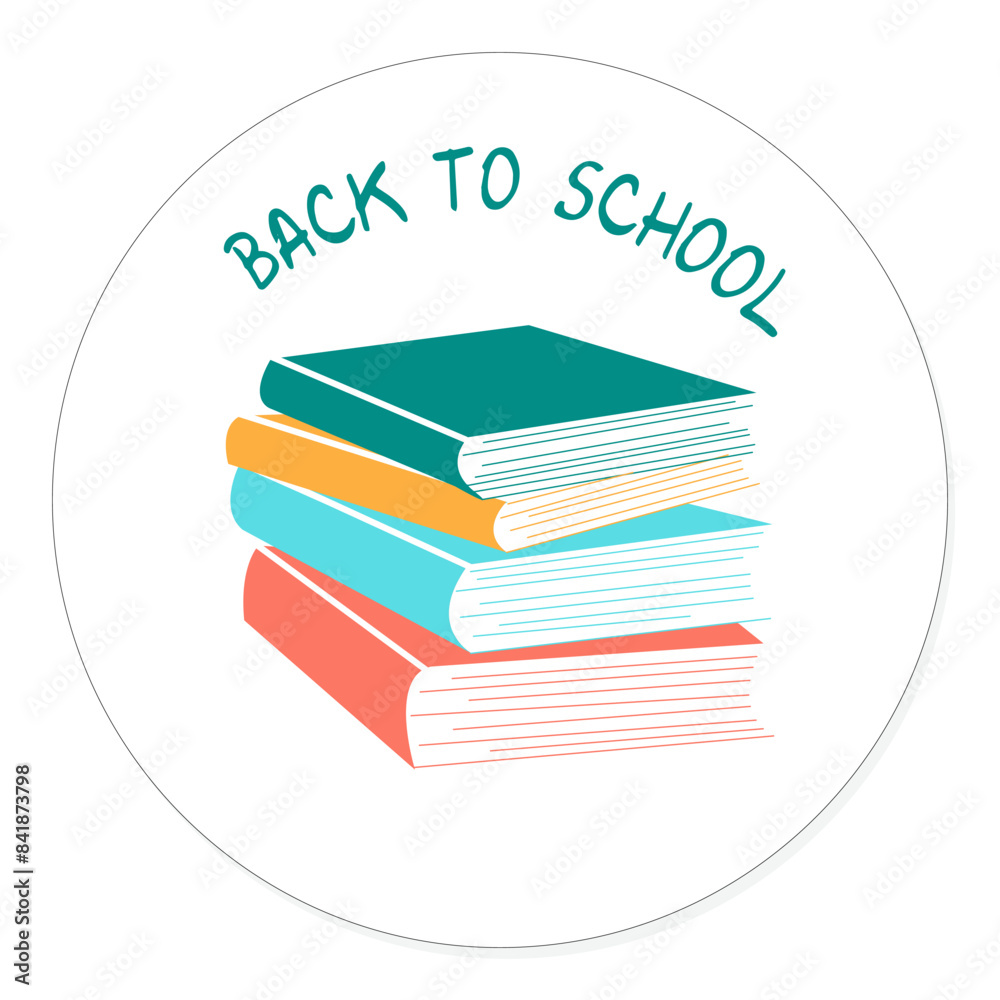 The sticker is back to school. A stack of textbooks. A stack of school textbooks. The icon of a library or bookstore. Icon, logo of studies and books. A symbol of learning. The sticker is back to school. A stack of textbooks. A stack of school textbooks. The icon of a library or bookstore. Icon, logo of studies and books. A symbol of learning.