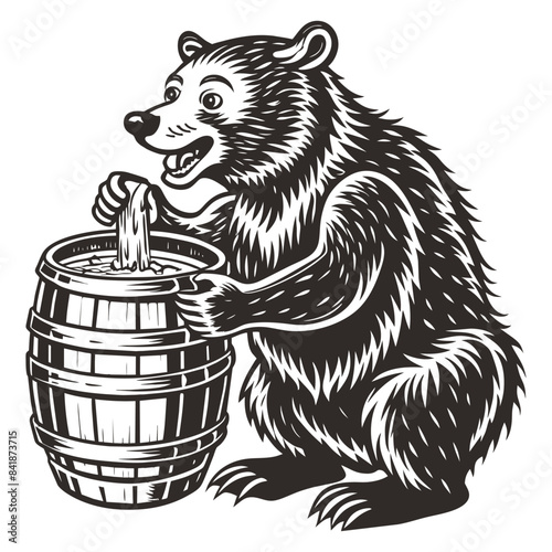 Monochrome bear holding a honey dipper and sitting next to a wooden barrel for beekeepers and honey producers looking for a vintage logo