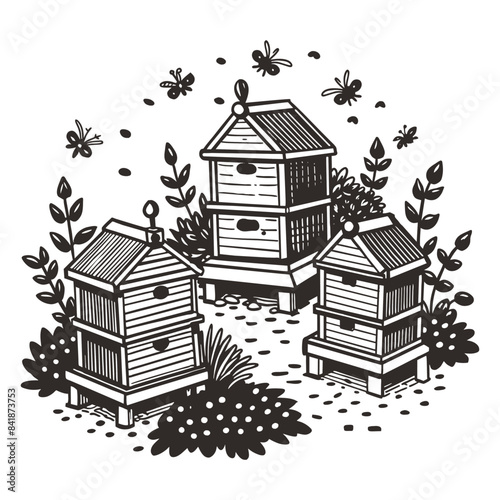 Three beehives are standing in the middle of a flower bed while bees are flying around them, creating a peaceful and bucolic scenery