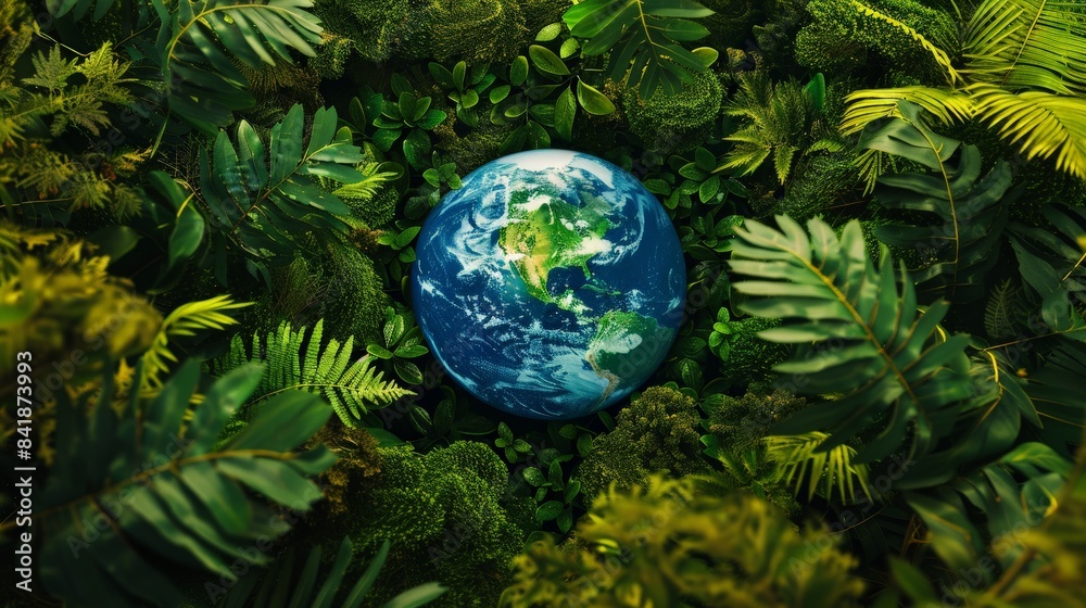 Planet earth on a background of beautiful green vegetation poster.