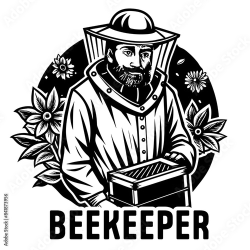 Monochrome illustration of a beekeeper holding a honeycomb wearing a protective suit, perfect for apiaries and honey related businesses