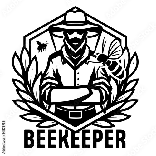 Monochrome beekeeper with crossed arms inside a hexagon with bees and laurel for apiaries and honey related businesses