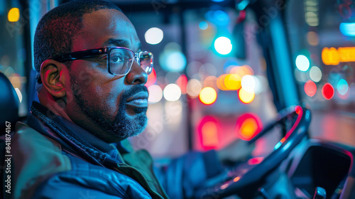 Portrait of a man driving at night, captured with city lights in the background, showcasing focus and concentration.