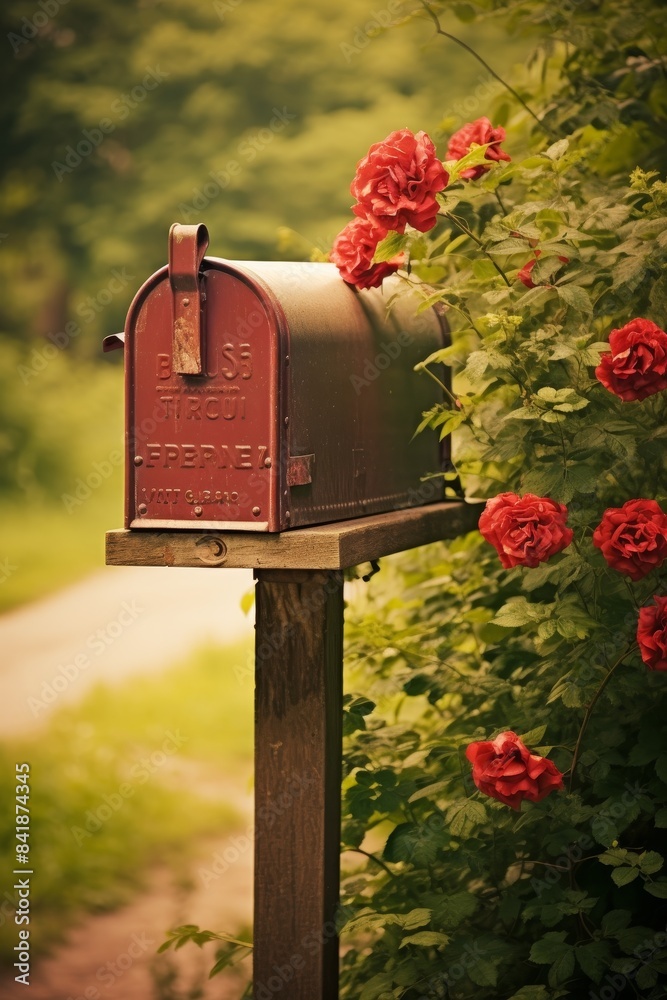 Old red mailbox on a wooden post in the garden, vintage color Old red mailbox on a wooden post in the garden, vintage color