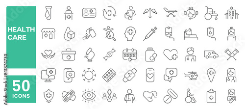 Set of 50 line icons related to healthcare, medical, doctor, nurse, emergency, Editable stroke. Vector illustration