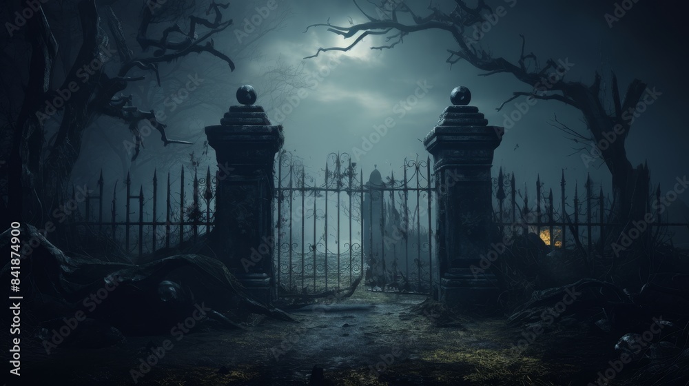 Old cemetery gate during scary night with eerie fog weather
