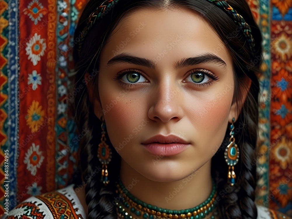 A young woman, her dark hair styled in intricate braids and her captivating green eyes reflecting the vibrant colors of the bazaar.
A young woman, her dark hair styled in intricate braids and her captivating green eyes reflecting the vibrant colors of the bazaar.