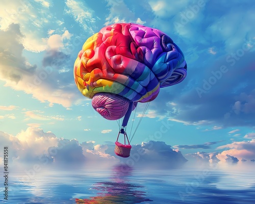 Expanding Horizons A vibrant brain balloon, propelled by the power of imagination, symbolizing the boundless possibilities of exploration and discovery, high resolution DSLR