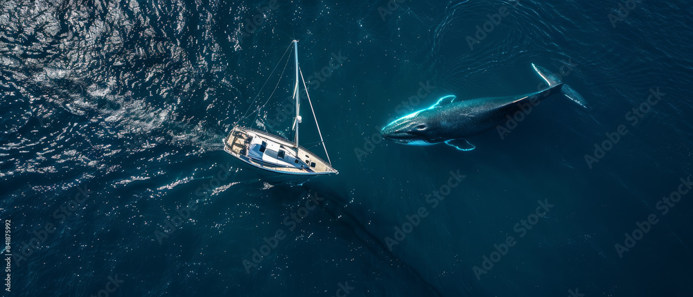 Naklejka premium An aerial shot of a sailboat navigating near an enormous whale in the deep blue ocean, capturing a breathtaking encounter between human and nature.