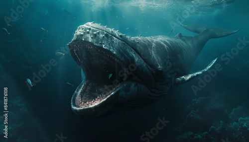 A colossal whale  mouth agape  swims in a loop as it feeds on miniature fish in the depths of the ocean   high resolution DSLR