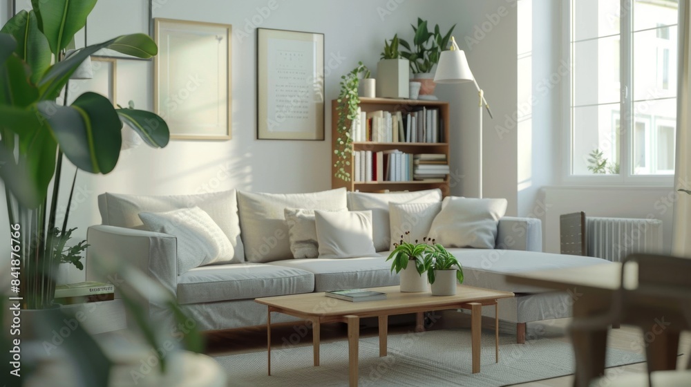 Fototapeta premium Cozy Modern Living Room with Indoor Plants and Natural Light, Generative AI