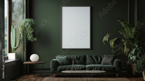 Poster frame mockup in dark olive color living room interior.