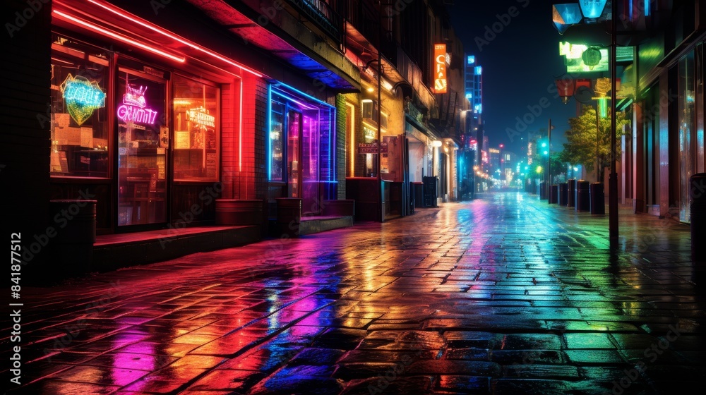 A neon lit city street with a neon sign for a bar. The street is wet from the rain and the neon lights reflect off the water