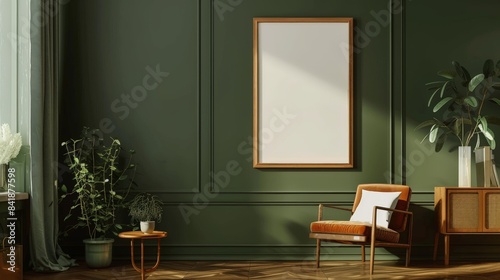 Poster frame mockup in dark olive color living room interior.