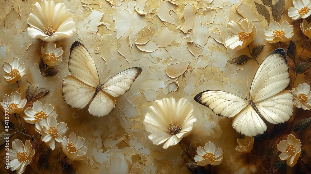 Oil painting on canvas of spring flowers in peach tones with a vibrant orange butterfly. Oil painting on canvas of spring flowers in peach tones with a vibrant orange butterfly.