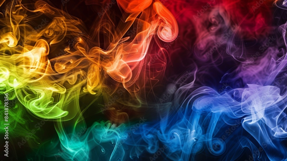 Vibrant abstract rainbow smoke swirls on black background
