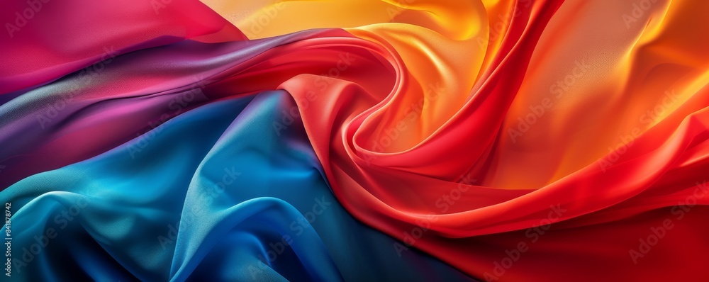 Vibrant swirling fabrics in red, orange, and blue, abstract art. Colorful texture and flow concept Vibrant swirling fabrics in red, orange, and blue, abstract art. Colorful texture and flow concept