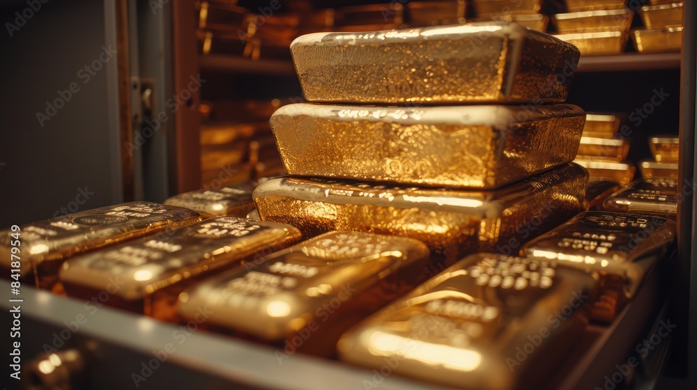 Pile of gold bar inside bank safe Pile of gold bar inside bank safe