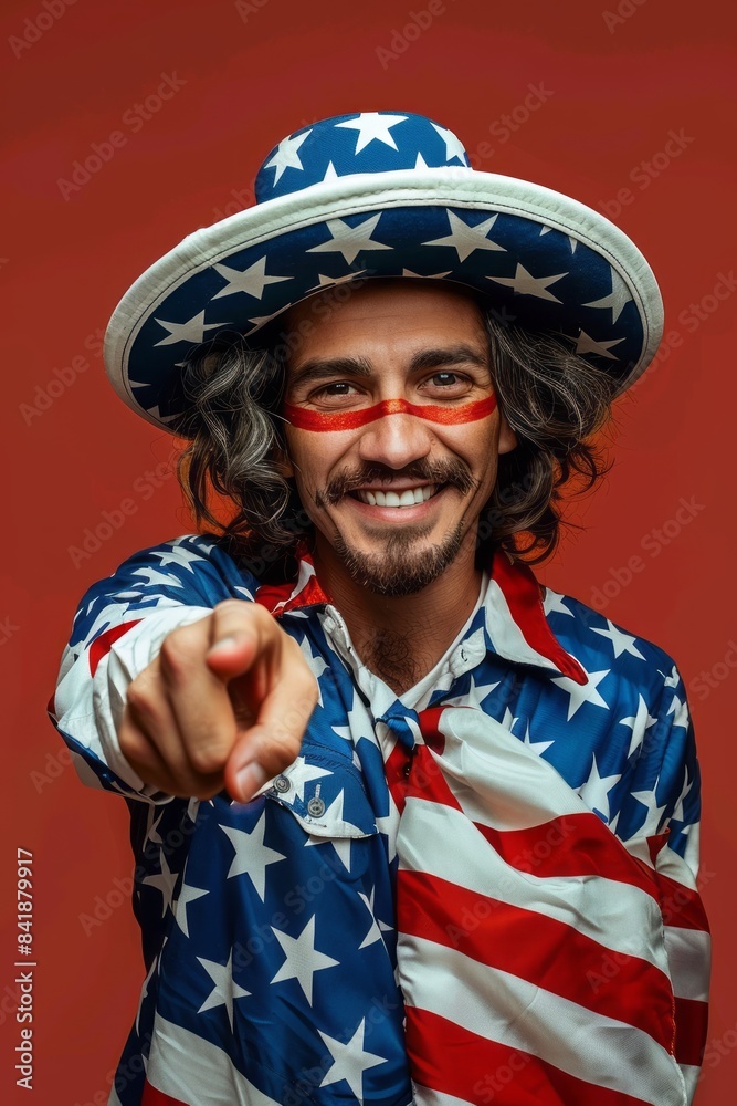 Portrait of a handsome middle-aged patriotic man wearing a United States hat and shirt over a red background, smiling cheerfully and pointing his finger at the camera. Portrait of a handsome middle-aged patriotic man wearing a United States hat and shirt over a red background, smiling cheerfully and pointing his finger at the camera.