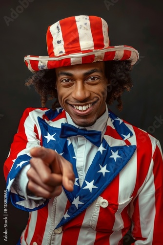 Portrait of a handsome middle-aged patriotic man wearing a United States hat and shirt over a dark background, smiling cheerfully and pointing his finger at the camera.