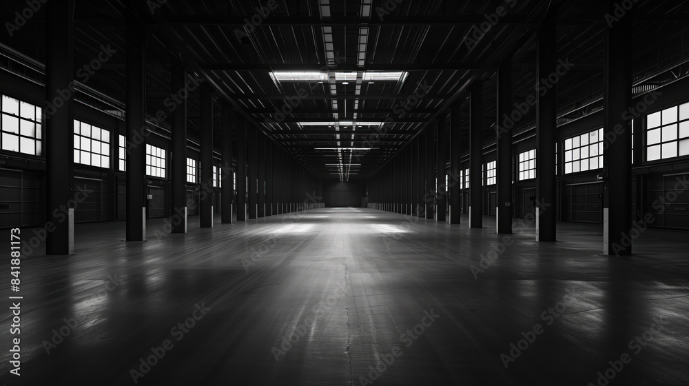 Big black empty clean warehouse. Background image. Created with Generative AI technology. Big black empty clean warehouse. Background image. Created with Generative AI technology.
