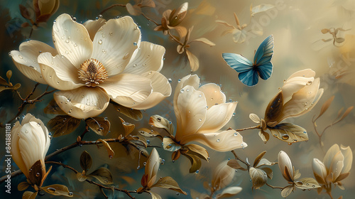 Colorful magnolia flowers in cream tones with dew drops and blue butterfly.