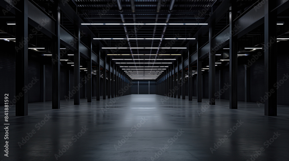 Big black empty clean warehouse. Background image. Created with Generative AI technology. Big black empty clean warehouse. Background image. Created with Generative AI technology.