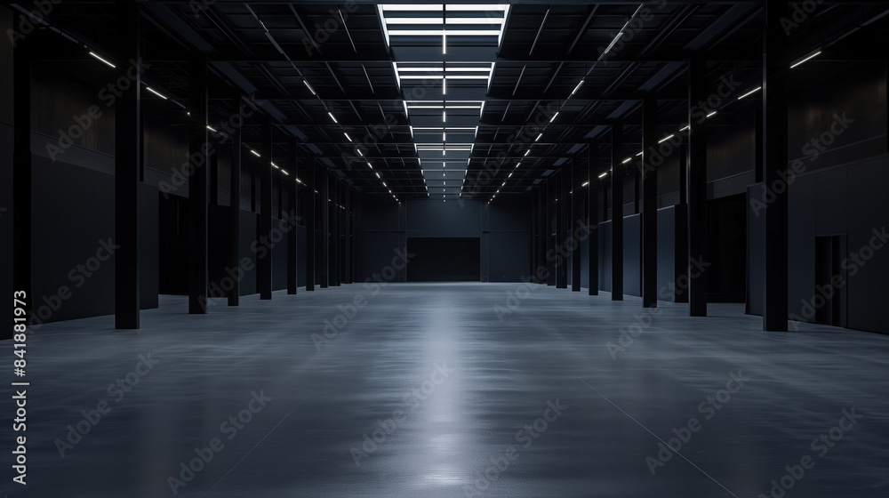Big black empty clean warehouse. Background image. Created with Generative AI technology. Big black empty clean warehouse. Background image. Created with Generative AI technology.